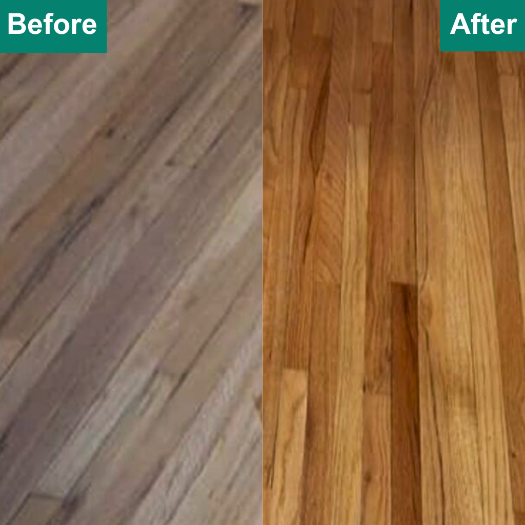 Showcasing the stark contrast of a hardwood floor before and after refinishing, this image captures the transition from a distressed state to a flawlessly smooth and polished finish