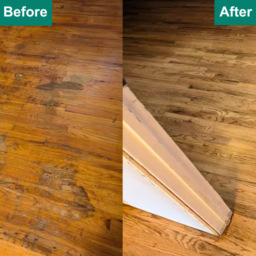 A vivid display of a hardwood floor’s revival, where the before shows significant wear and tear, and the after reveals a lustrous, smooth finish