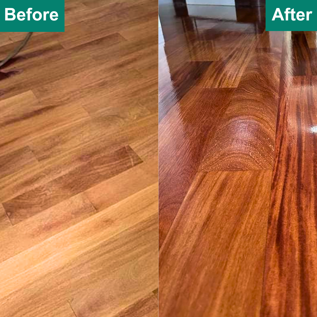 A detailed view of a wooden floor’s transformation, where the initial worn texture is replaced by a smooth, polished surface, reflecting the meticulous work of hardwood refinishing