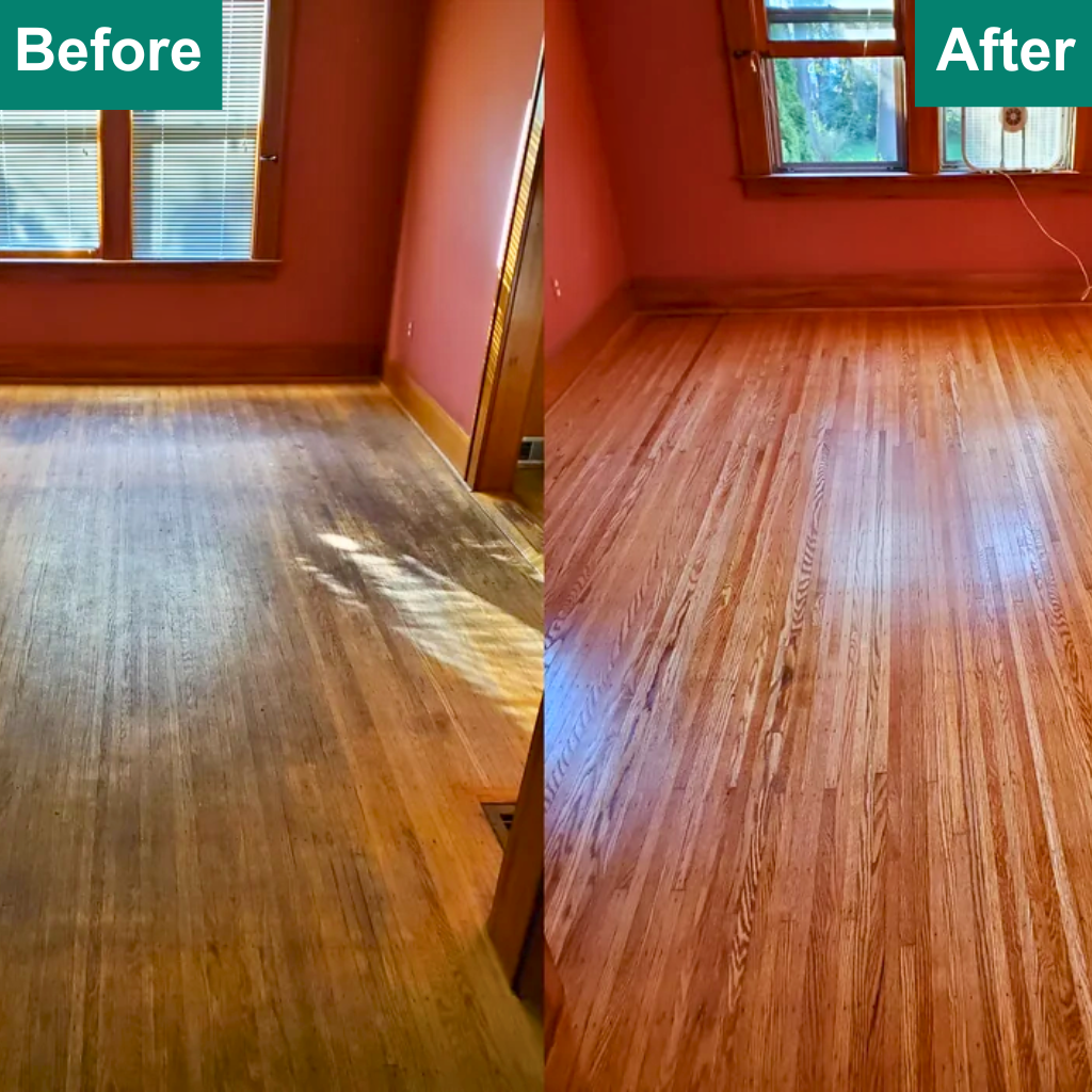 A side-by-side comparison of a hardwood floor before and after refinishing, highlighting the transition from a scratched and aged appearance to a smooth, polished surface