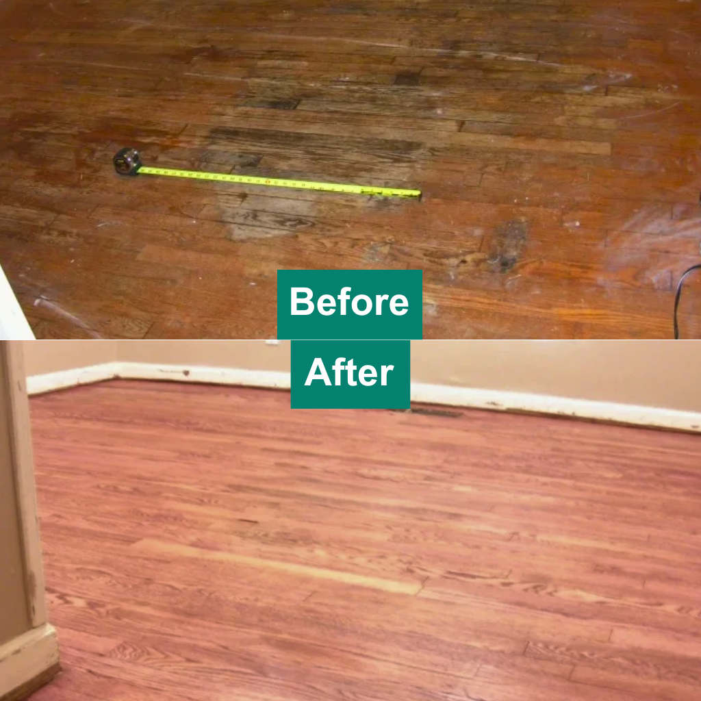 Showcasing the dramatic renewal of a hardwood floor, this image contrasts the pre-refinishing worn-out appearance with the post-refinishing gleaming finish
