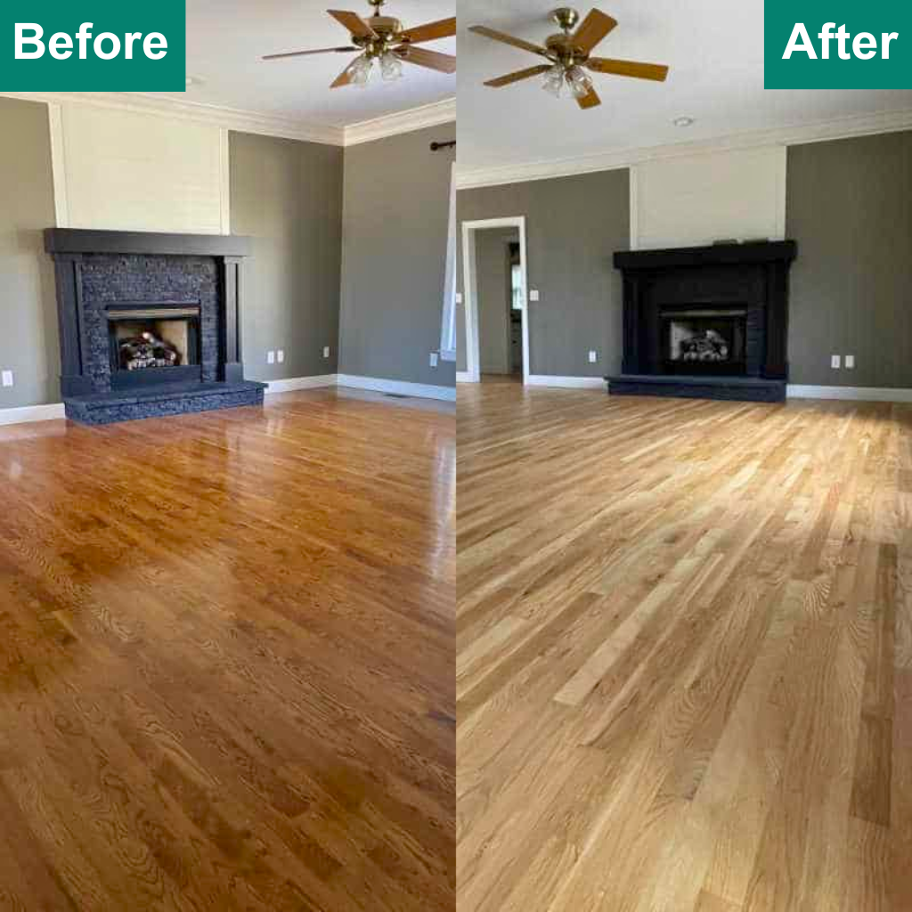 A detailed view of a room’s transformation, highlighting the meticulous process of hardwood floor refinishing. The ‘before’ section reveals an older, worn wooden surface, while the ‘after’ section showcases a rejuvenated, smooth, and lustrous floor, reflecting the careful craftsmanship